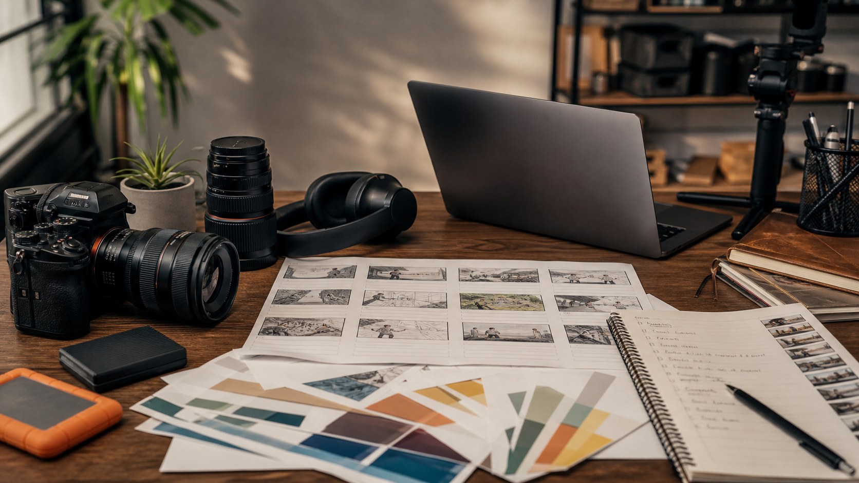 Storyboard, camera gear, and color swatches for planning licensed video assets