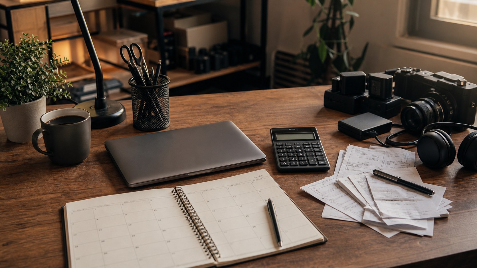 Creator desk with planner, calculator, camera gear, and invoices for software cost planning