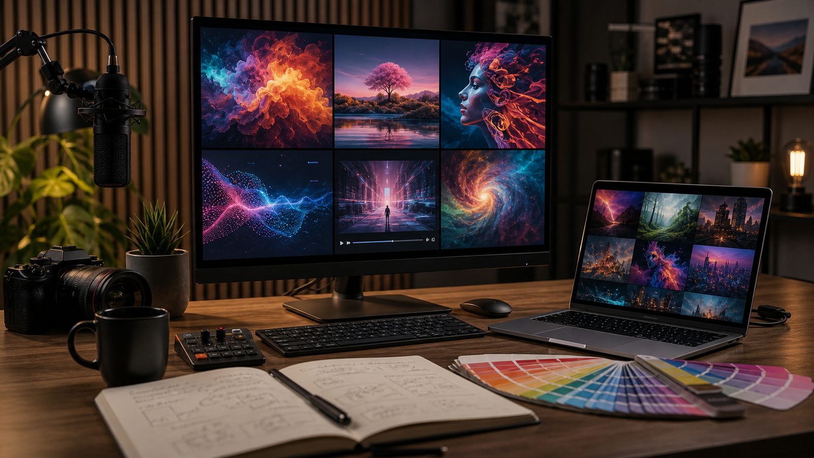 Creative workstation showing an abstract AI image and video workflow