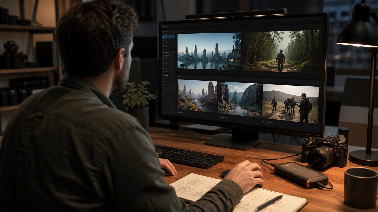 Video editor comparing AI concept frames with b-roll and stock options