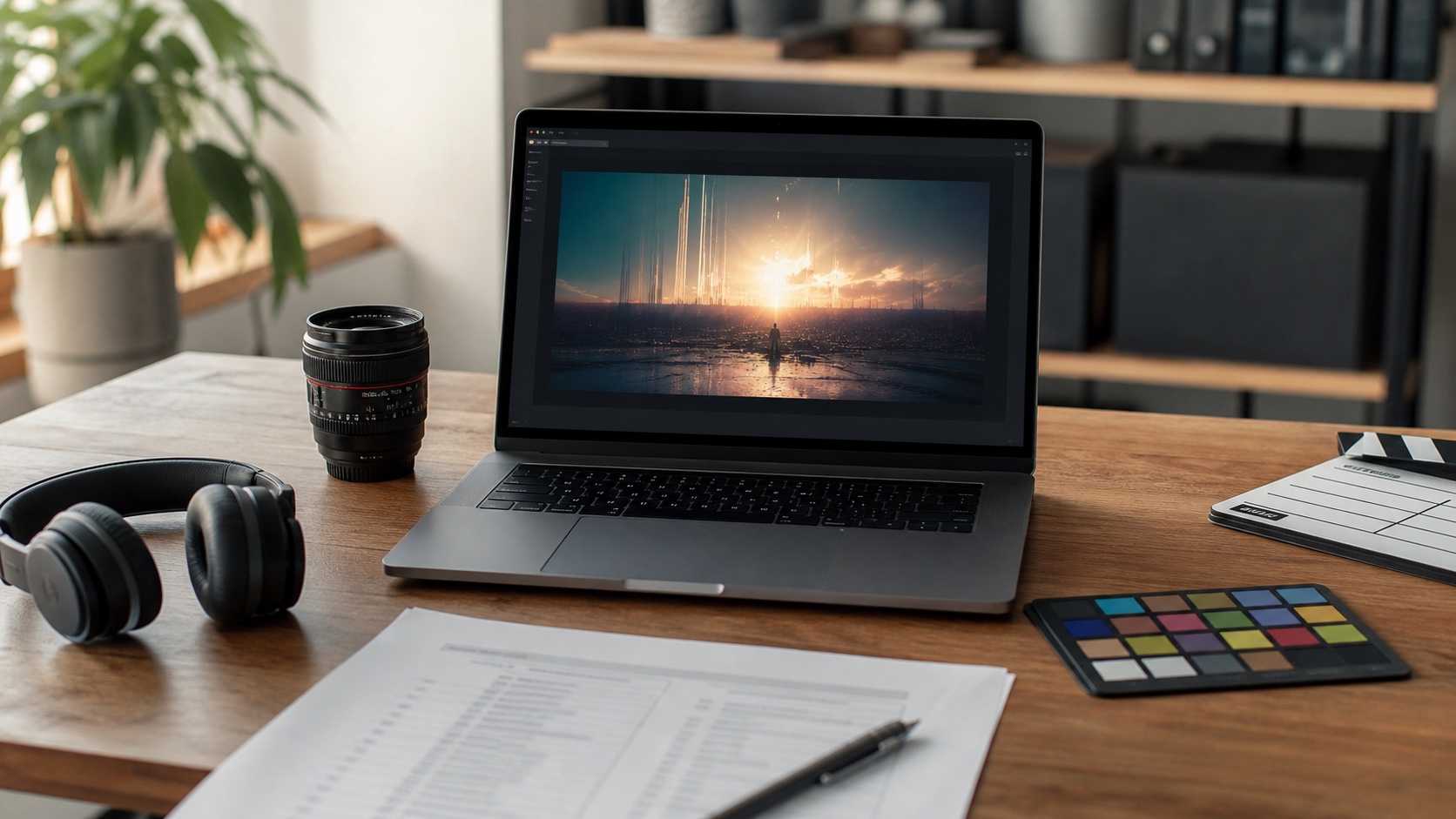 Creator desk with AI concept frame and shot-list planning for Premiere Pro