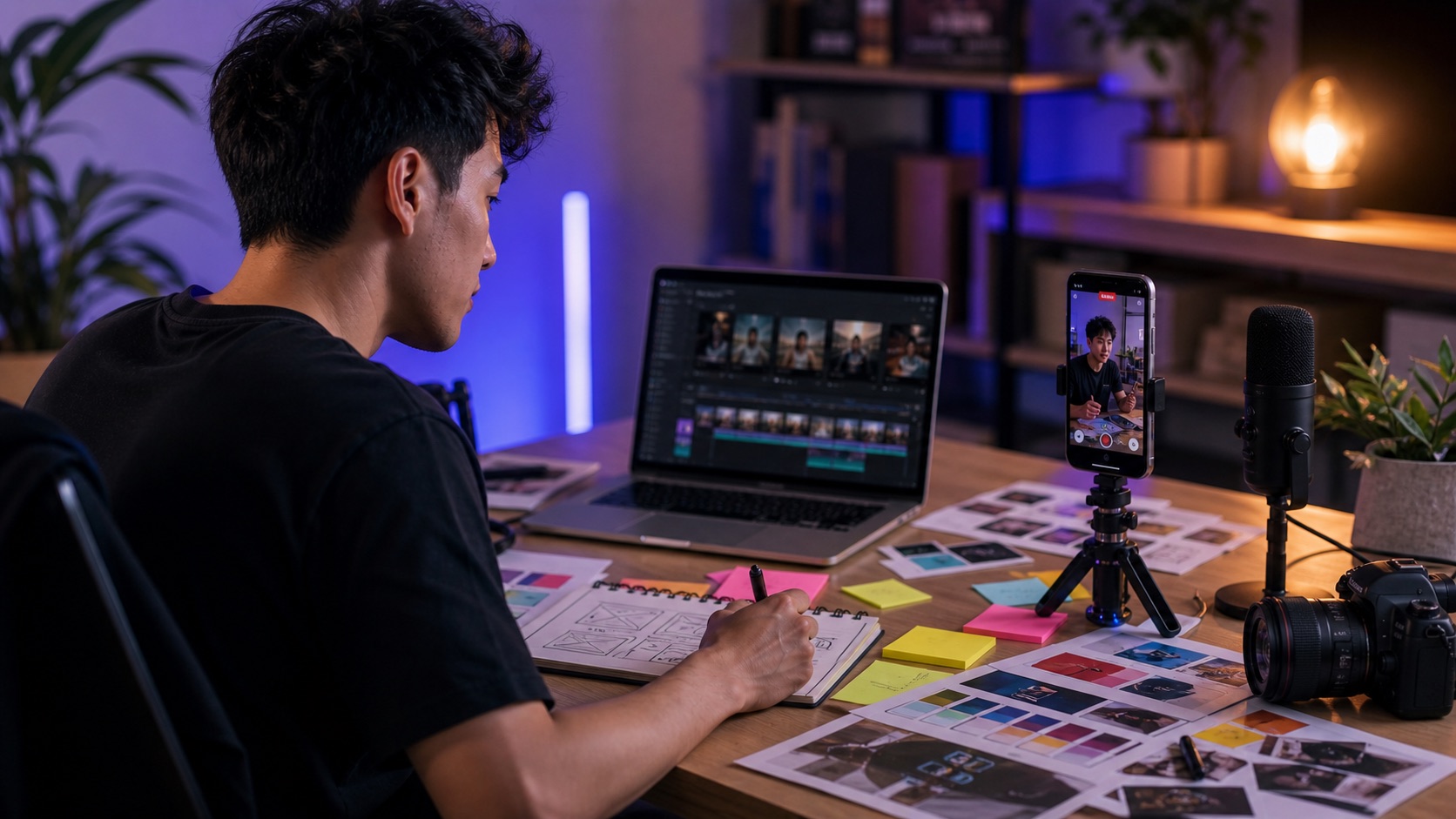 Creator planning short-form videos with AI and design tools