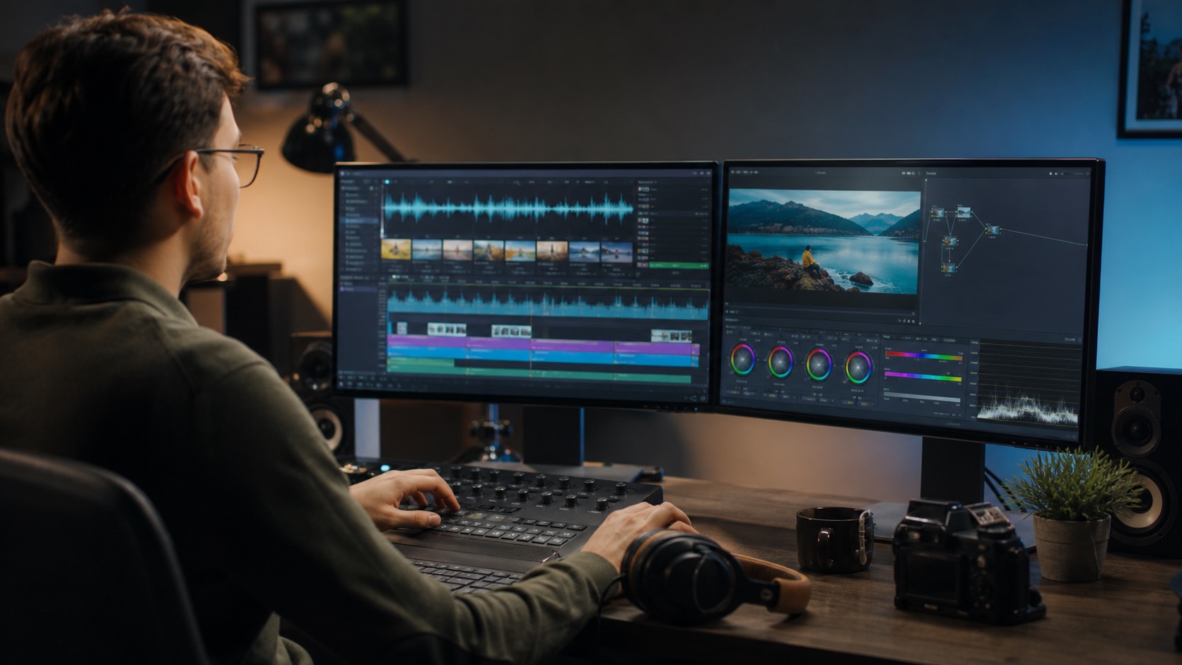 AI-assisted video post-production edit suite with audio color and caption workflow
