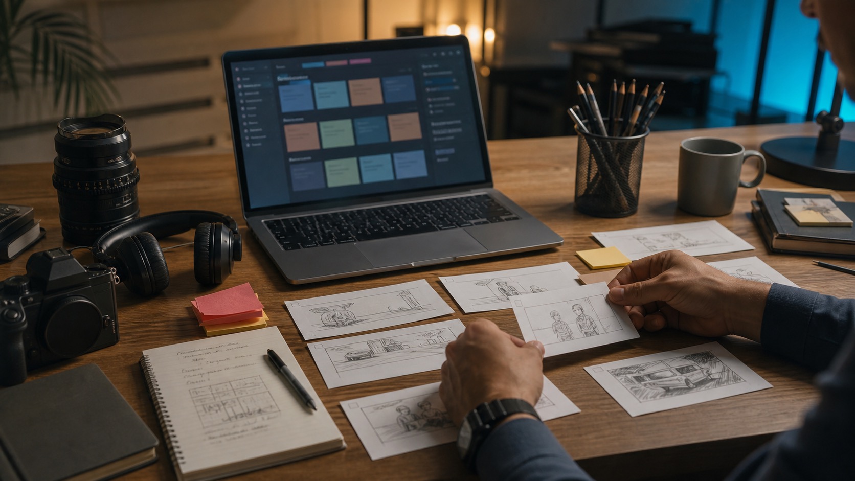 AI-assisted video pre-production desk with storyboards and shot planning