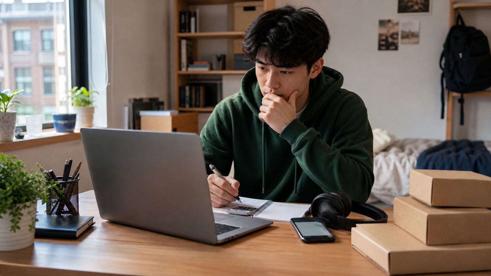 Young adult comparing budget notes and online shopping from a laptop in a dorm room