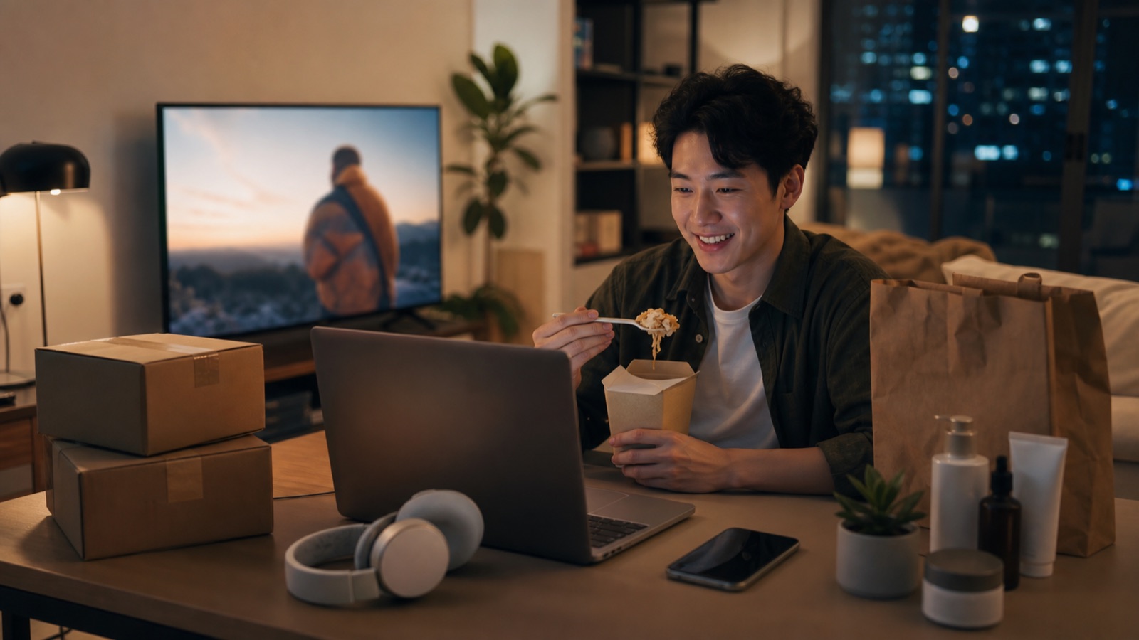 Young adult using a laptop with delivery boxes, takeout, headphones, and a streaming screen nearby