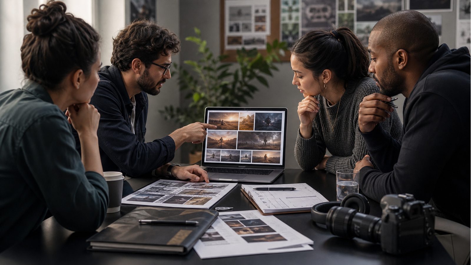 Production team reviewing AI-assisted concept frames before client approval