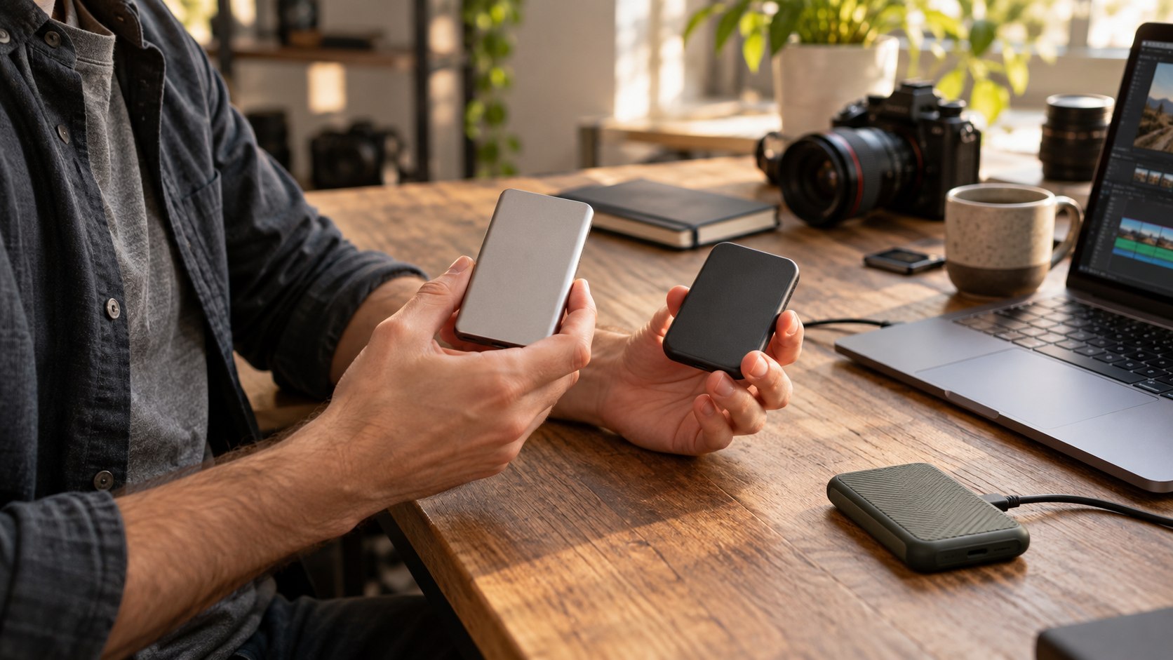 Creator comparing portable SSDs for video editing workflow