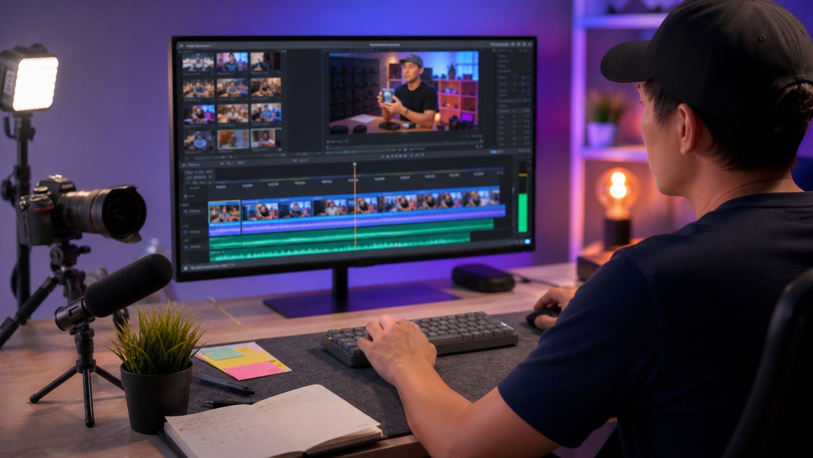 Creator editing a desktop video timeline in a studio
