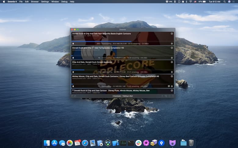 Downie 4 window showing multiple online videos downloading in a queue