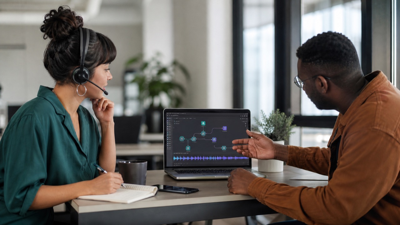 Small business team reviewing an abstract conversational AI call workflow for ElevenAgents