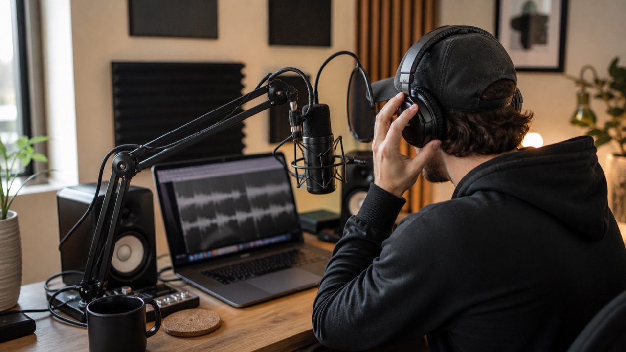 Creator recording voiceover at a compact home studio for ElevenLabs Creator plan workflow