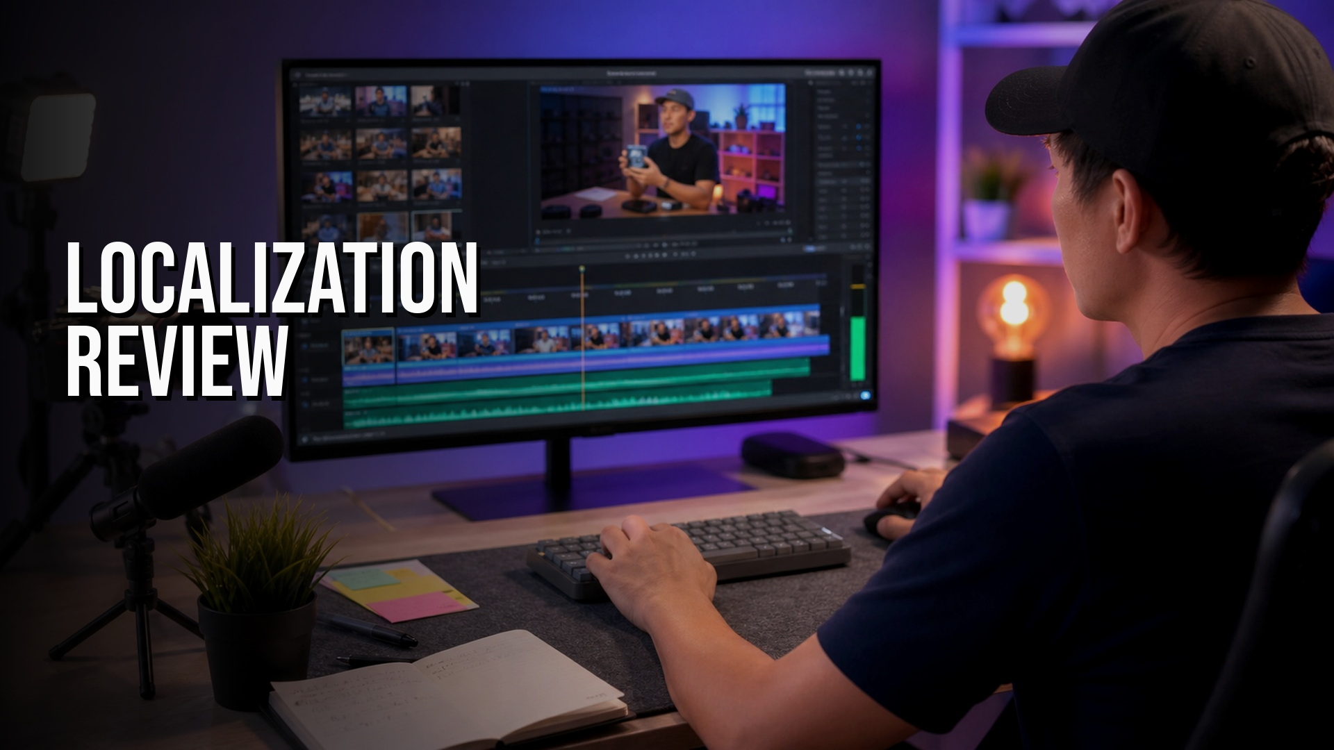 Localization Review title image with video editing timeline