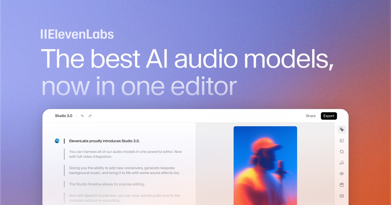 ElevenLabs Studio 3.0 editor with voiceover, music, sound effects, and video tools