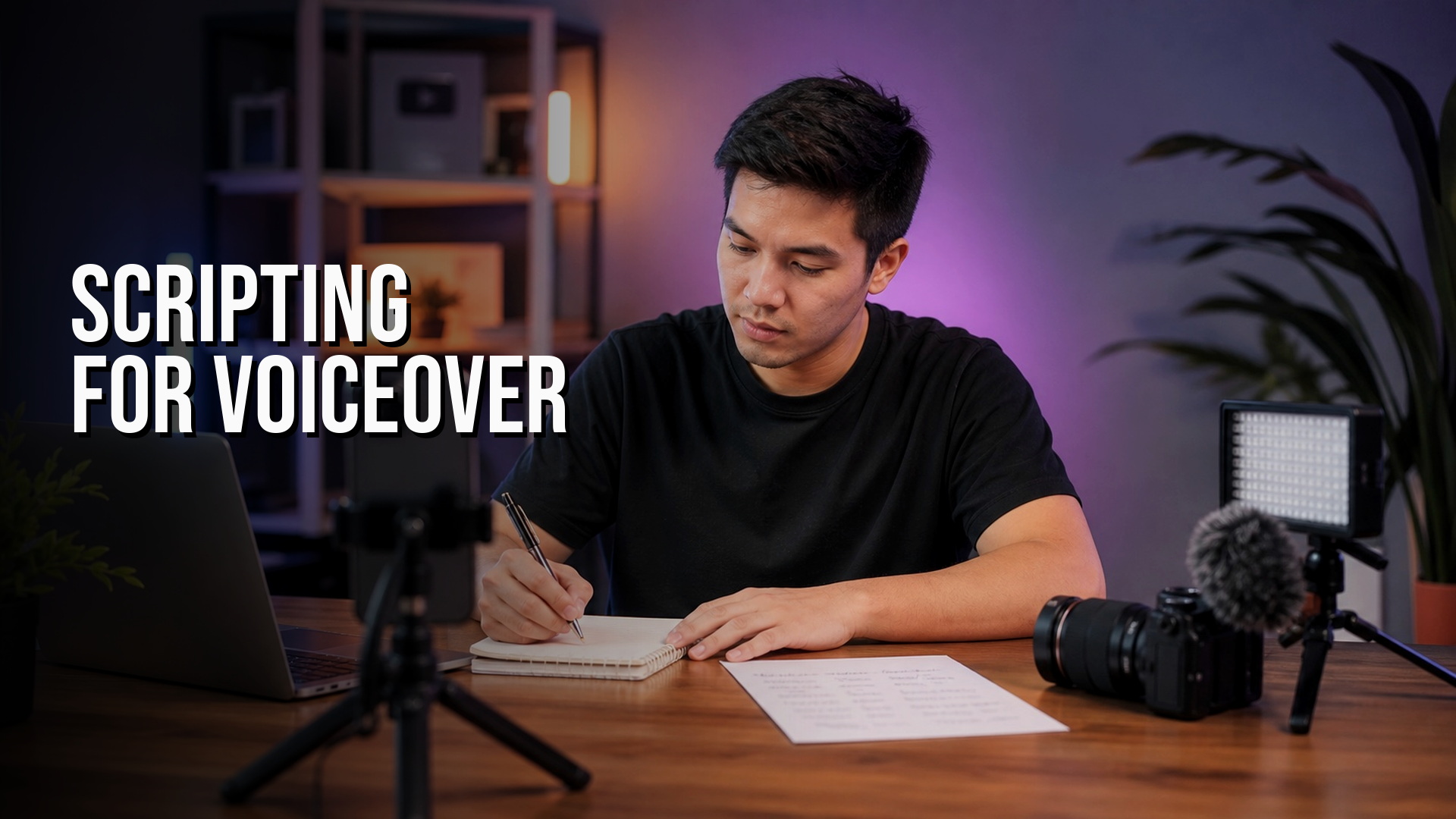 Scripting for Voiceover title image with creator planning desk
