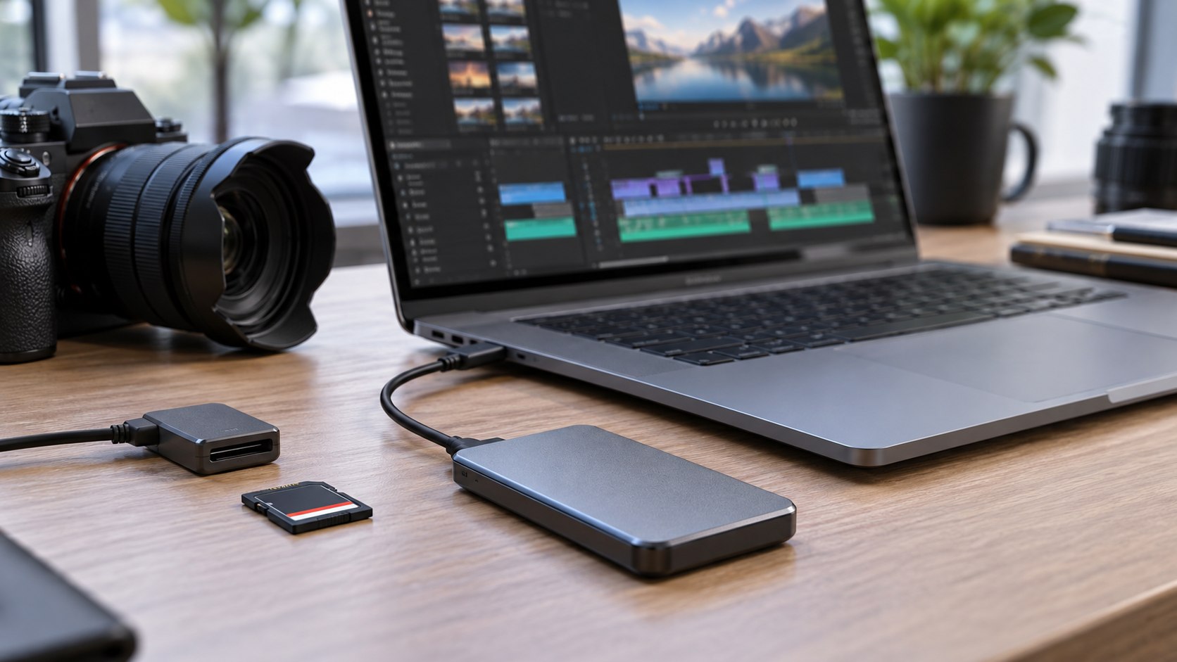 External SSD video editing desk with laptop and camera media