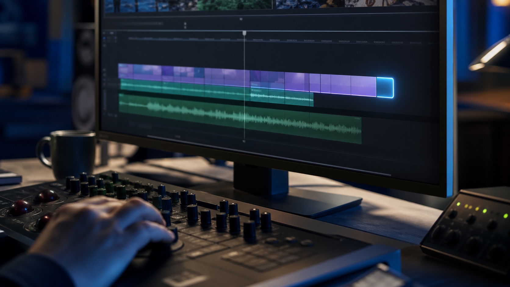AI-assisted clip extension on a professional video editing timeline