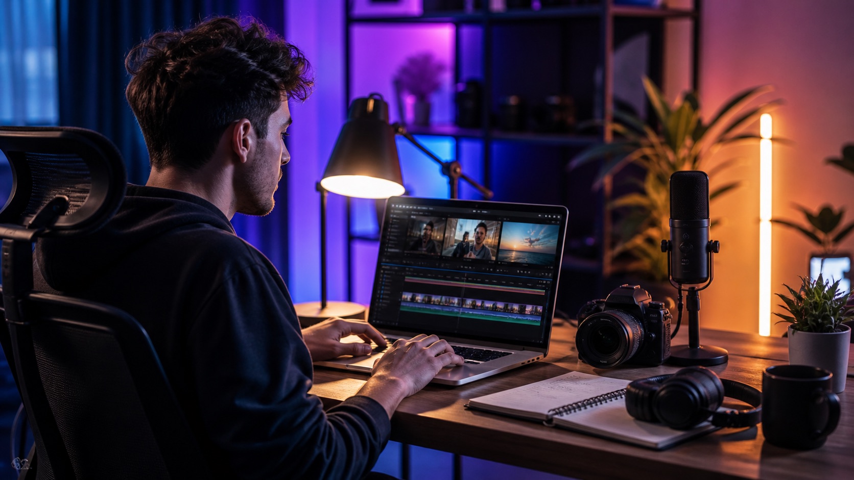 Creator using an AI video workflow on a laptop in a studio
