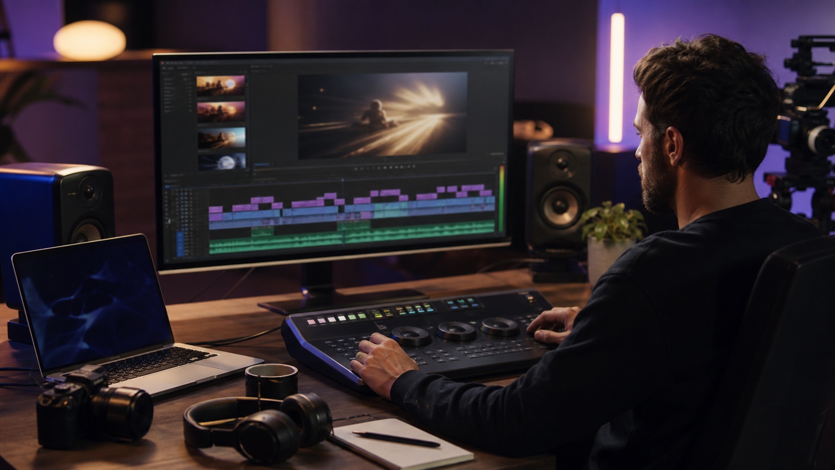 Video editor refining an AI-assisted draft in a desktop editing setup