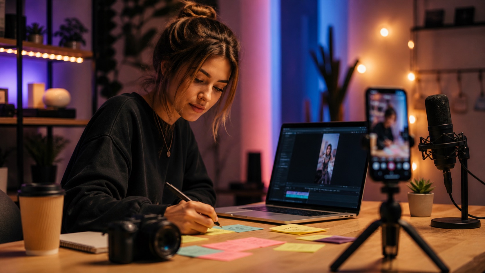 Social video creator planning short-form clips at a desk