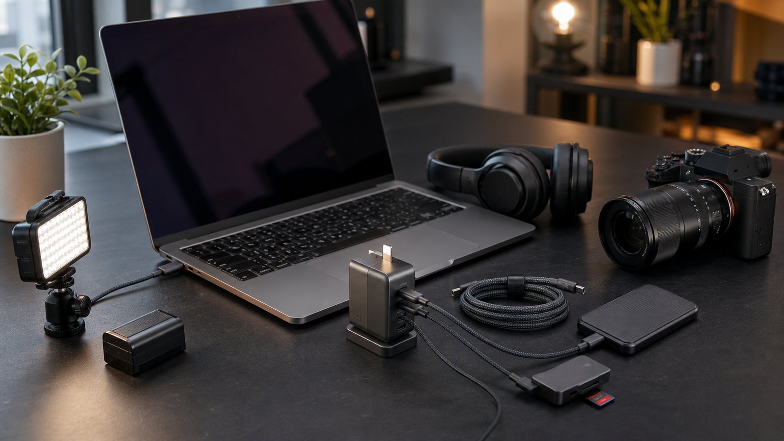 External SSD and camera media on creator editing desk