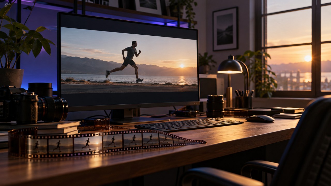 Illustration of a monitor displaying a runner beside sequential motion frames on a filmstrip