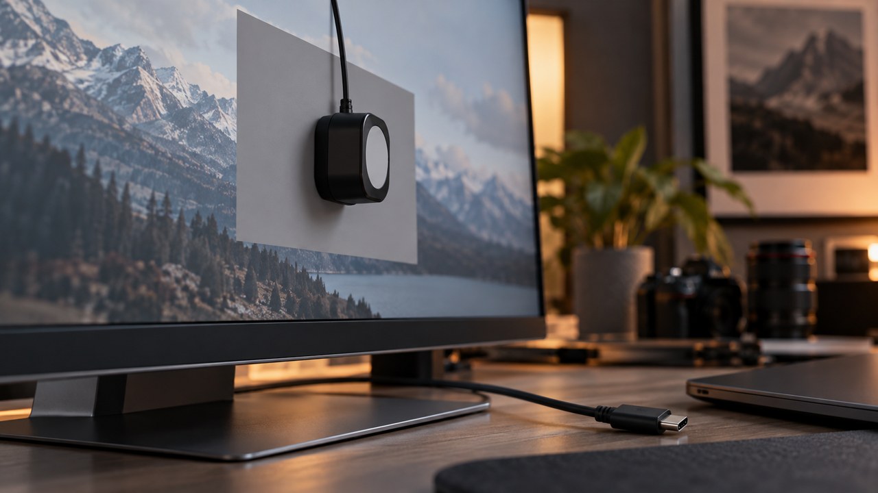 Illustration of a display colorimeter and a USB-C cable at an editing desk