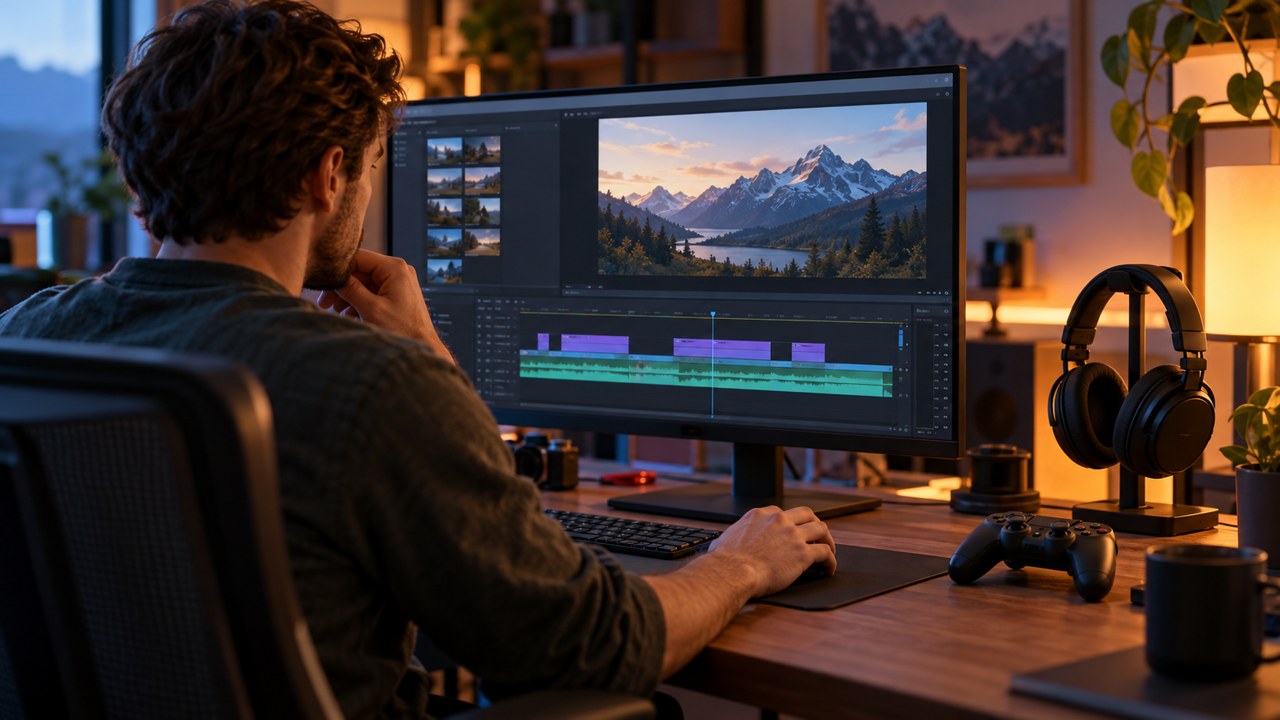 Illustration of a video editing workstation with a game controller and headphones