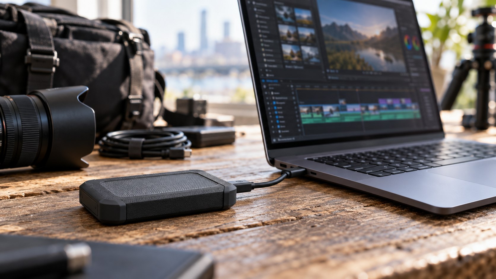 Fast external drive connected to editing workstation