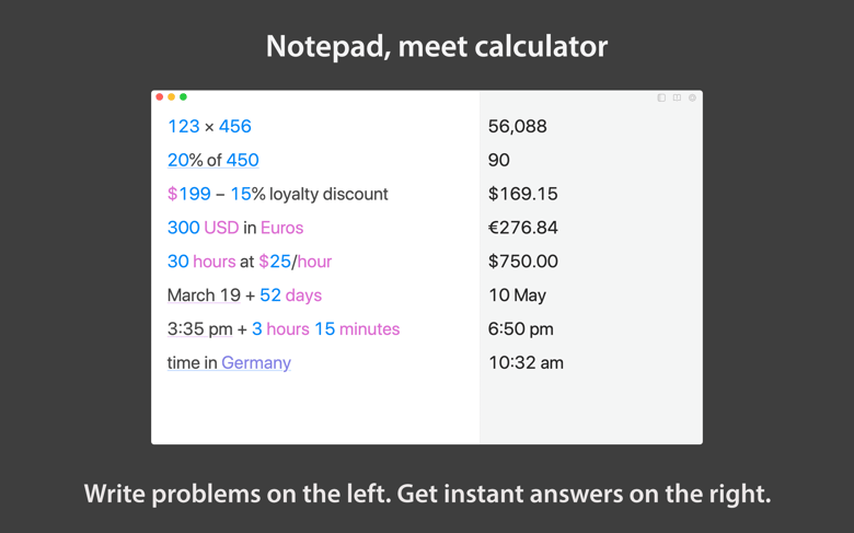 Soulver Mac window showing natural language calculations on the left and answers on the right with Notepad meet calculator tagline