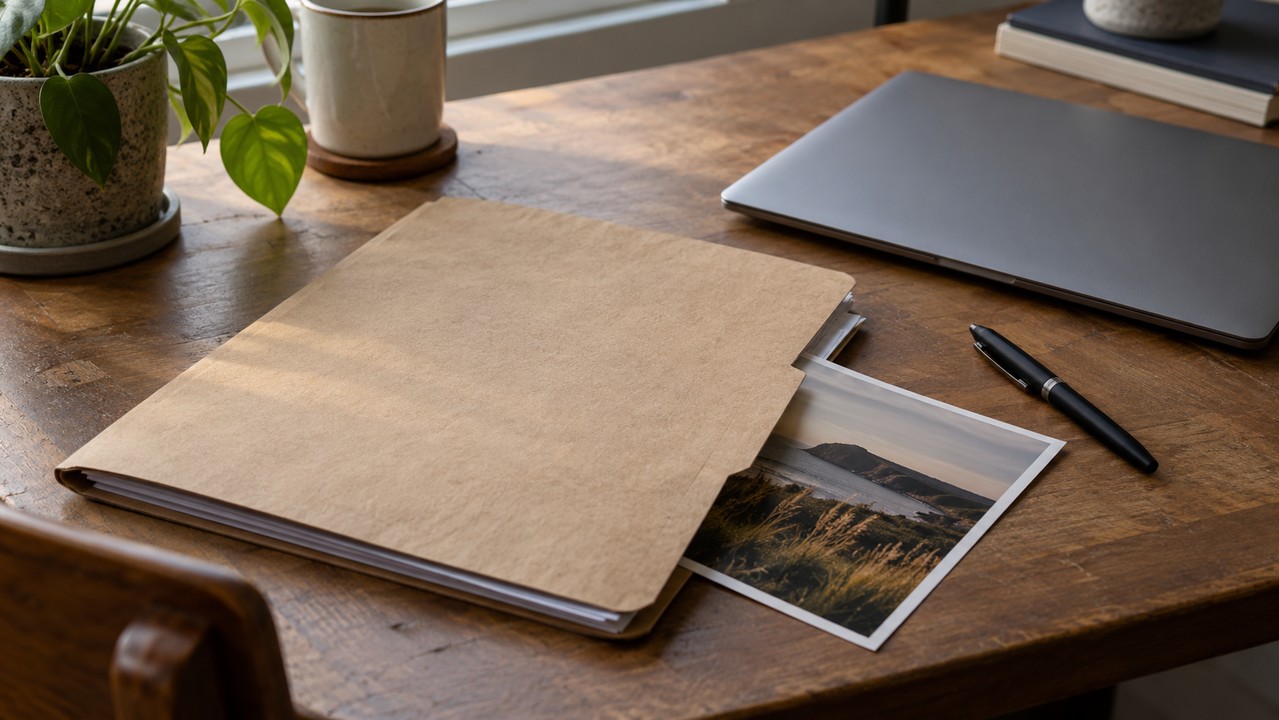 Project folder with a landscape print beside a laptop