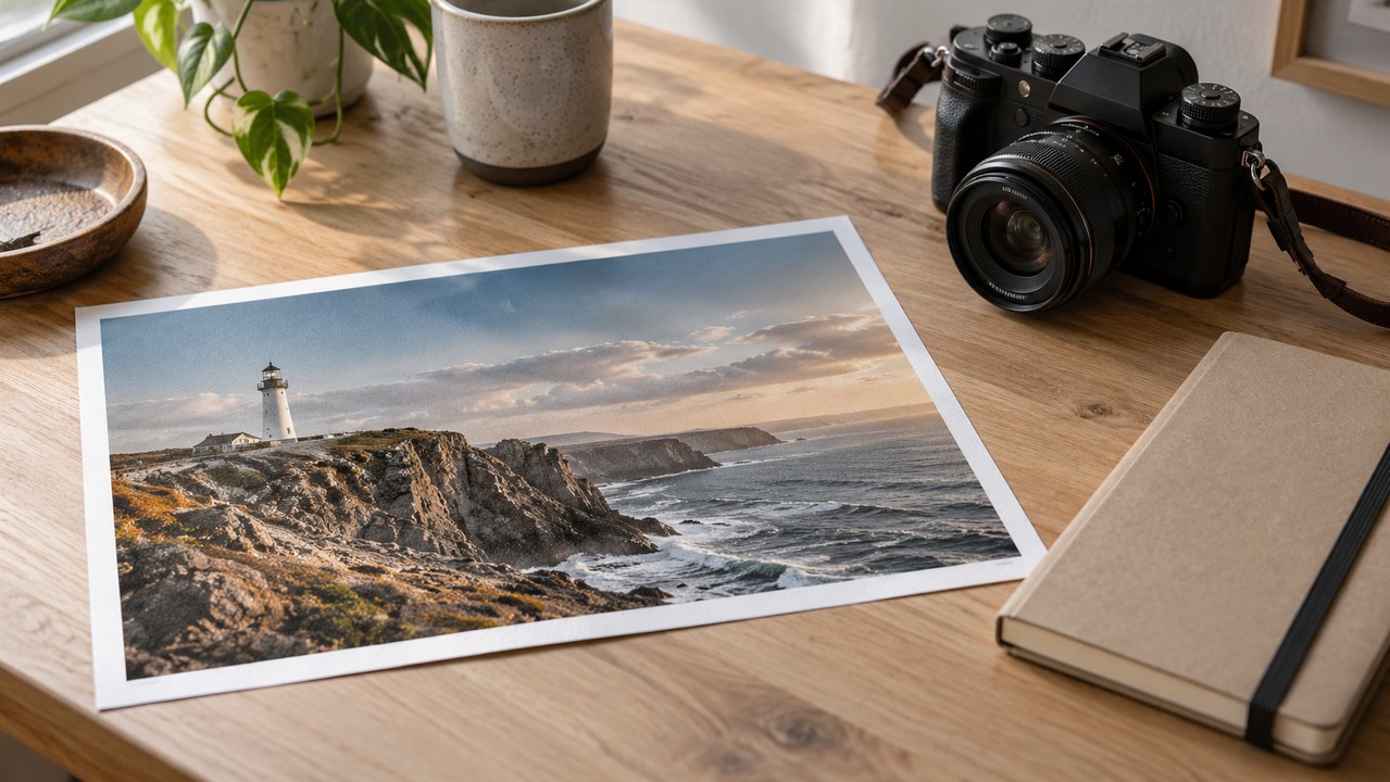 Coastal photographic print and camera on a desk