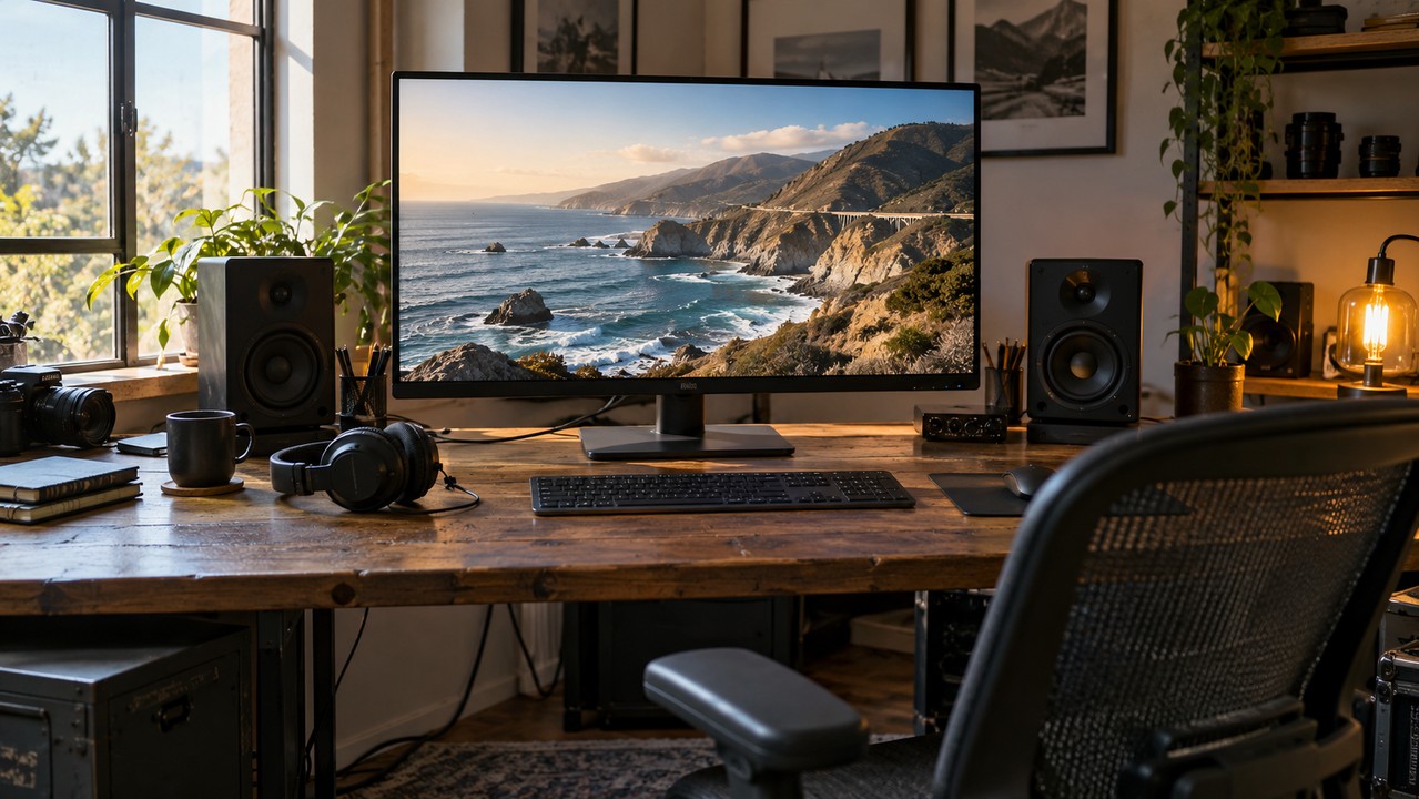 Editing workspace with a coastal image on the monitor