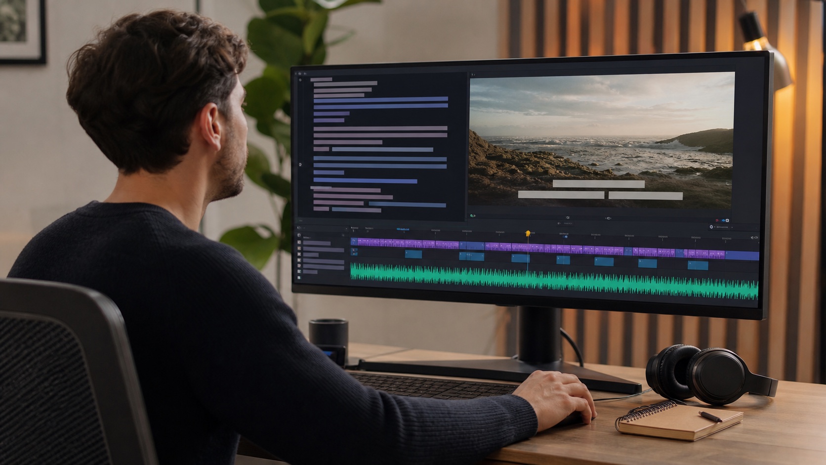Video editor reviewing transcript, captions, and waveform workflow