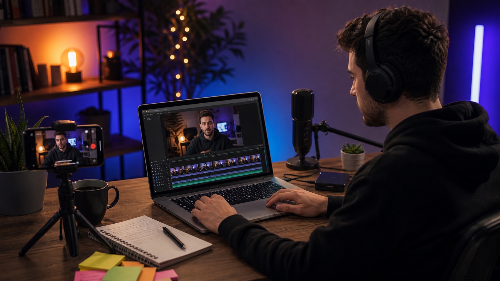Creator editing and captioning existing footage in a browser video workflow