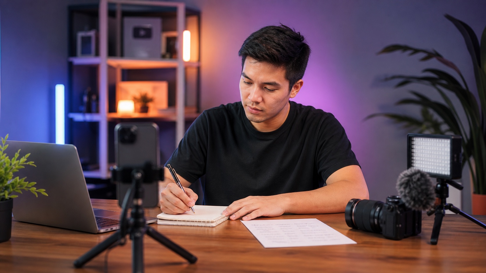 Creator planning vertical YouTube Shorts at a studio desk